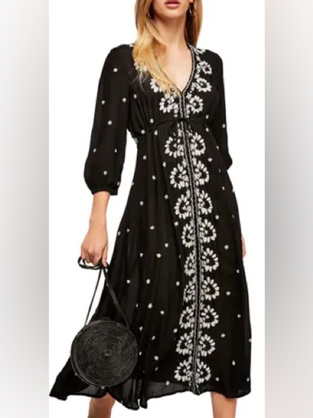 Free People Black Embroidered Maxi Dress with White Floral Trim